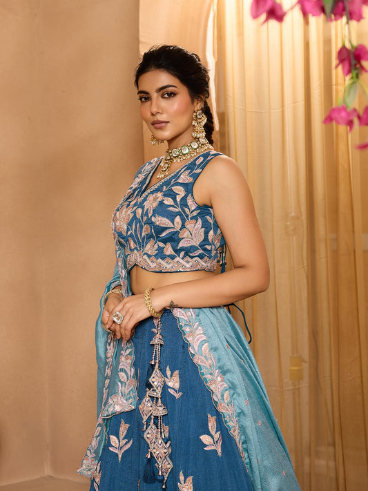 Teal- Silk Fabric Sequins embroidery Semi-Stitched Lehenga & Unstitched Blouse With Dupatta