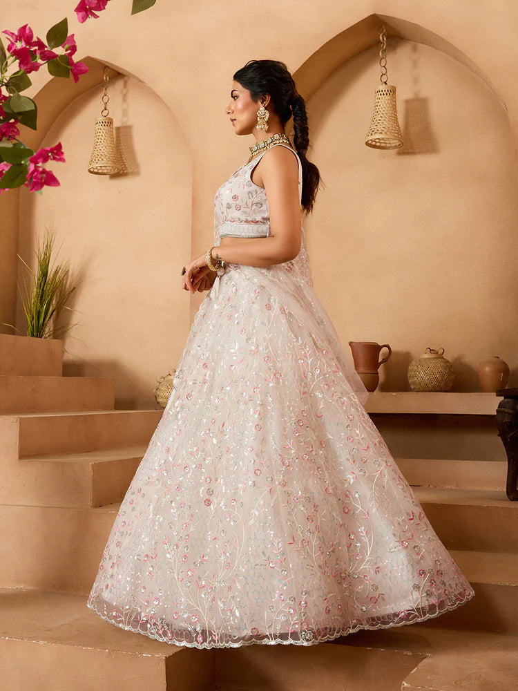 Cream - Net Fabric Sequins embroidery Semi-Stitched Lehenga & Unstitched Blouse With Dupatta