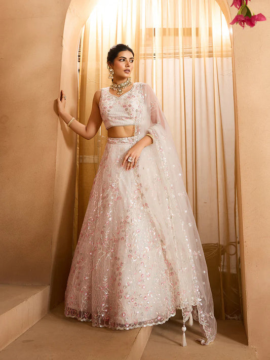 Cream - Net Fabric Sequins embroidery Semi-Stitched Lehenga & Unstitched Blouse With Dupatta