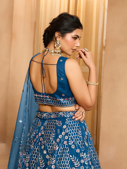 Navyblue- Net Fabric Sequins embroidery Semi-Stitched Lehenga & Unstitched Blouse With Dupatta