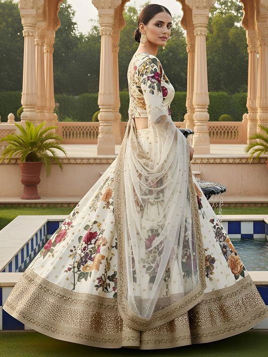 Cream Floral Digital Printed Art Silk Bridal Lehenga Choli