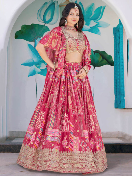 Attractive Pink Chinon Thread Embroidered Wedding Wear Lehenga Choli