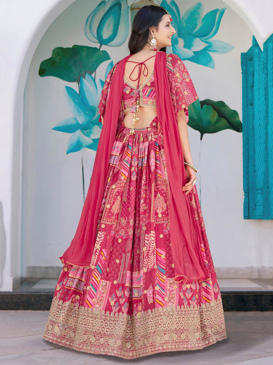 Attractive Pink Chinon Thread Embroidered Wedding Wear Lehenga Choli