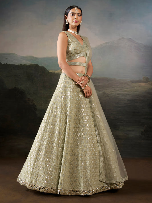 Sage Green Sequin Embroidered Lehenga Choli with Dupatta