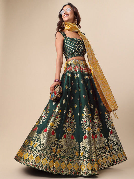Ready to Wear Lehenga & Unstitched Blouse With Dupatta - Bottle Green