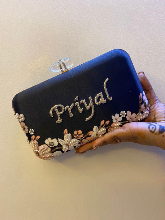 Customised Floral Embroidered Clutch with Transparent Knob - Blacks