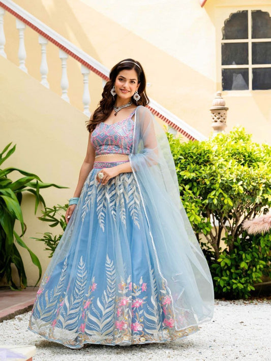 Sky Blue Net Lehenga Choli with Zari, Sequence & Embroidery Work | Lace Border Dupatta