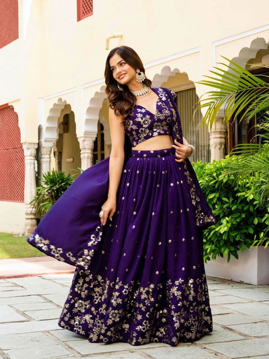 Purple Vichitra Silk Lehenga Choli with Zari & Sequence Embroidery and Lace Border Dupatta