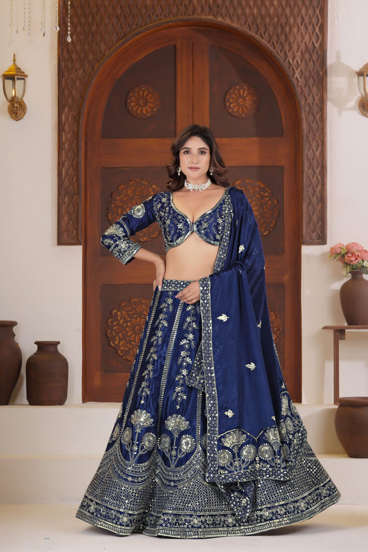 Blue Chinon Silk Lehenga Choli with Sequins & Zari Embroidery Work | Wedding Wear Collection