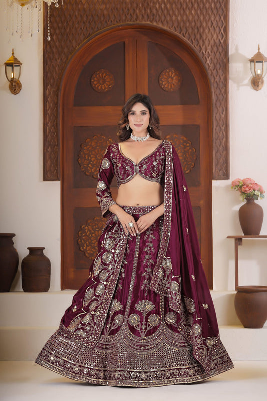 Wine Chinon Silk Lehenga Choli with Sequins & Zari Embroidery | Wedding & Festive Wear