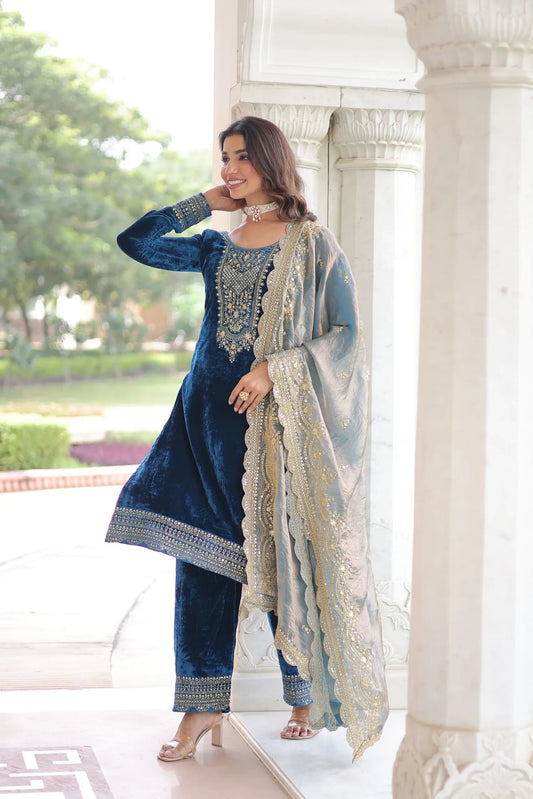 Royal Blue Velvet Embroidered Suit Set with Dupatta Party & Festive Wear