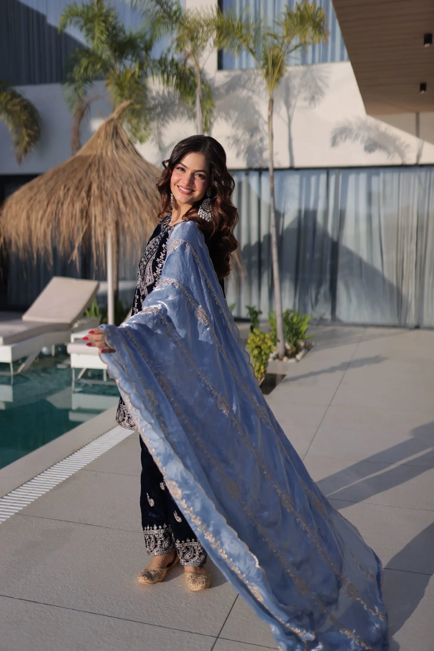 Navy Blue Velvet Heavy Embroidered Suit with Dupatta Party & Festive Wear