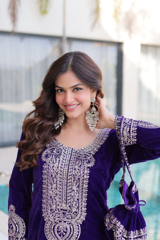 Royal Blue & Purple Velvet Heavy Embroidered Kurta Pant Set with Potli Party & Festive Wear