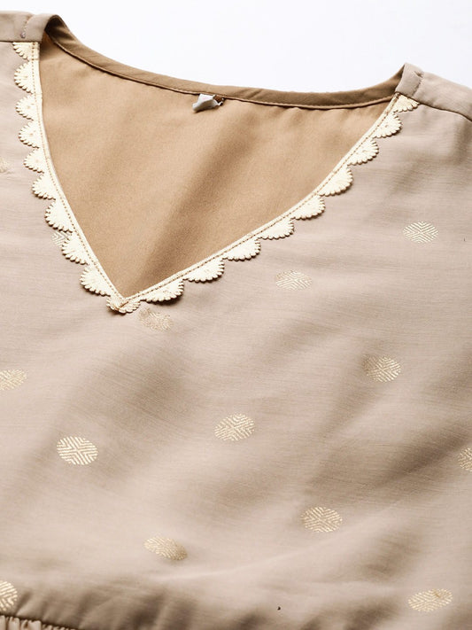 Women Beige & Golden Polka Dots Print A-line Maxi Dress