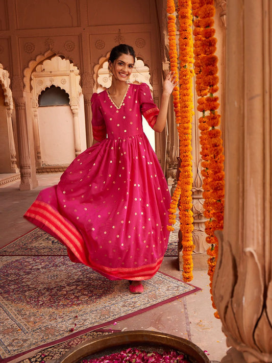 Women Pink & Orange Polka Dots Print A-line Maxi Dress