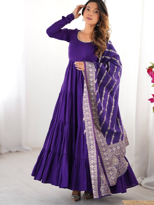 Classic Dark Purple Chanderi Silk Anarkali Suit With Banarasi Silk Dupatta