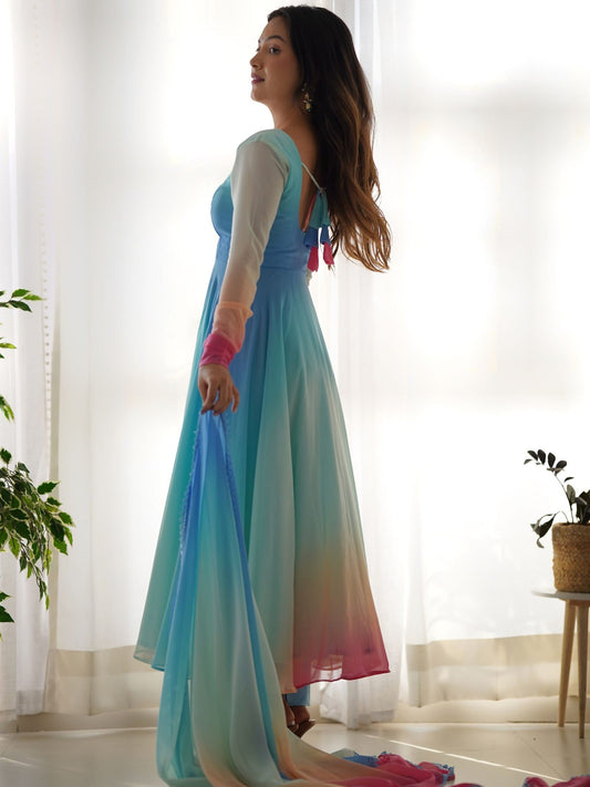 Awesome Multi-Color Georgette Readymade Anarkali Suit With Dupatta