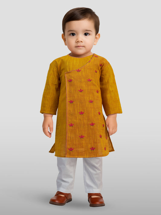 Baby Boy's Mustard Embroidered Cotton Kurta Pyjama Set For Janmashtami