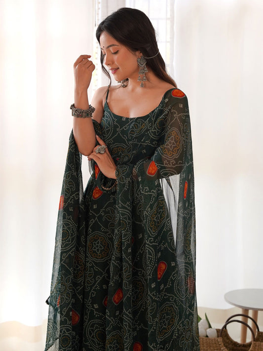 Stunning Green Bandhani Printed Chiffon Mehendi Wear Gown