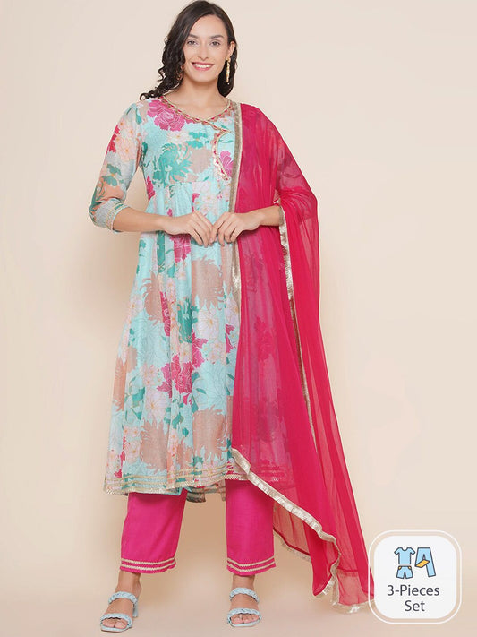 Floral Printed Angrakha Anarkali Kurta & Trousers With Dupatta