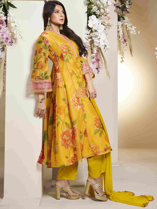 Floral Chanderi Silk Anarkali Kurta With Palazzos & Dupatta