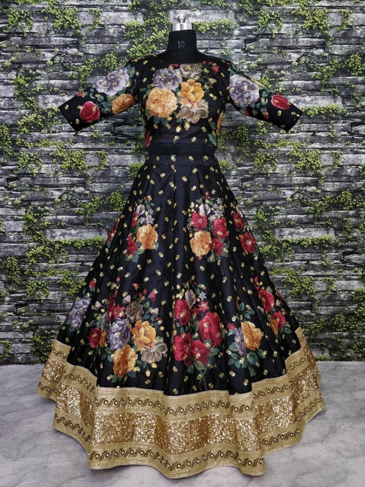 Black Floral Digital Printed Art Silk Bridal Lehenga Choli
