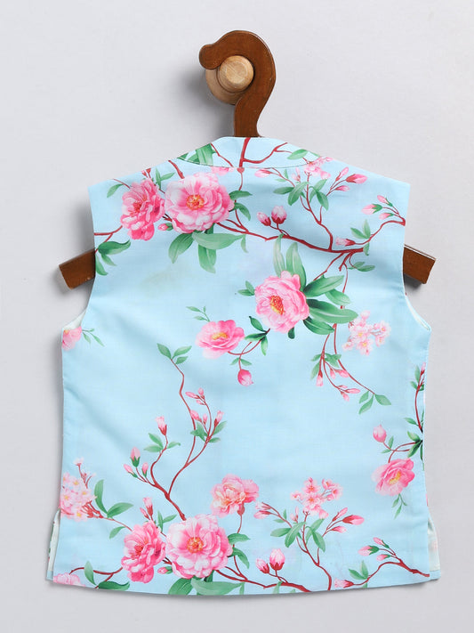 Boy's Aqua Blue Floral Silk Blend Nehru Jacket