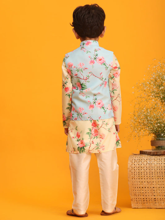 Boy's Aqua Blue Jacket With Yellow Floral Printed Kurta With Cream Solid Pyjama Set