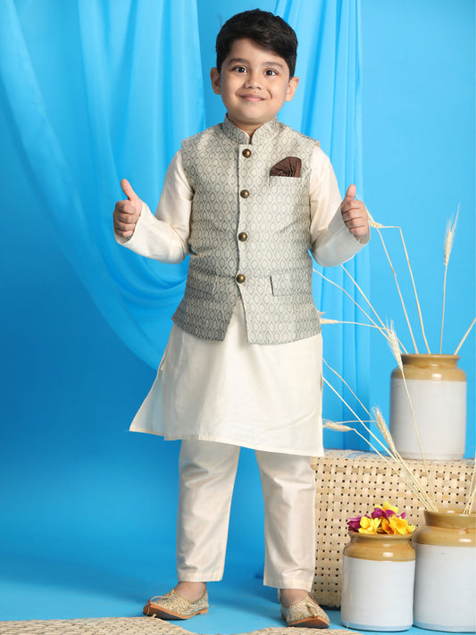 Boy's Beige Woven Jacket With Cream Kurta And Pyjama Set