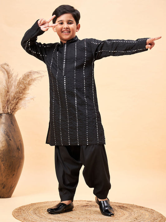 Boy's Black Embroidered Vertical Mirror Work Kurta With Patiala Set