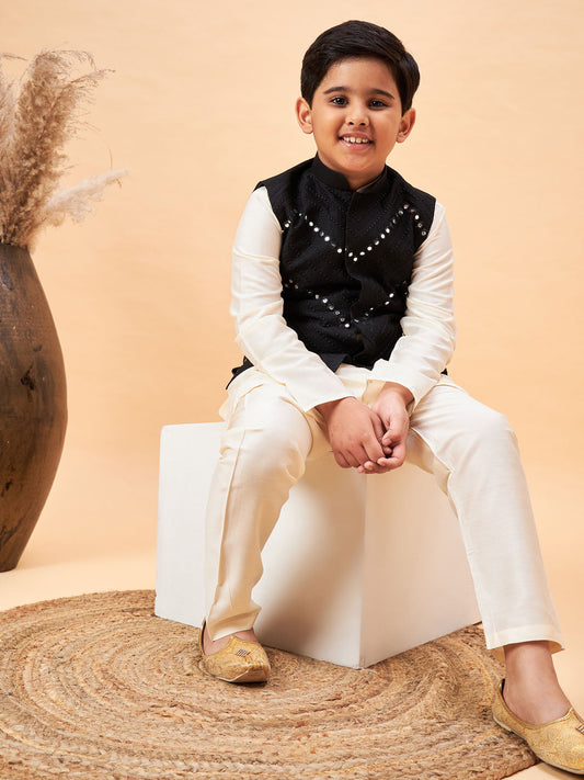 Boy's Black Mirror Work Jacket And Solid Kurta Pyjama Set