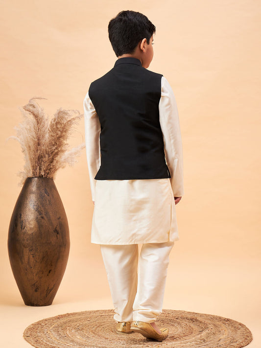 Boy's Black Mirror Work Jacket And Solid Kurta Pyjama Set