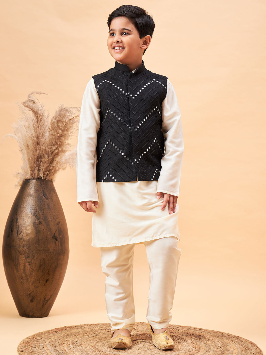 Boy's Black Mirror Work Jacket And Solid Kurta Pyjama Set
