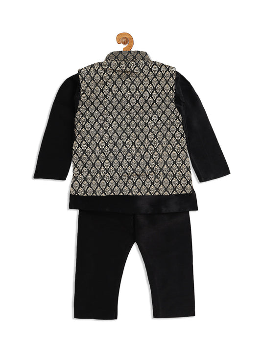 Boy's Black Woven Design Slim Fit Nehru Jacket And Black Kurta Pyjama Set