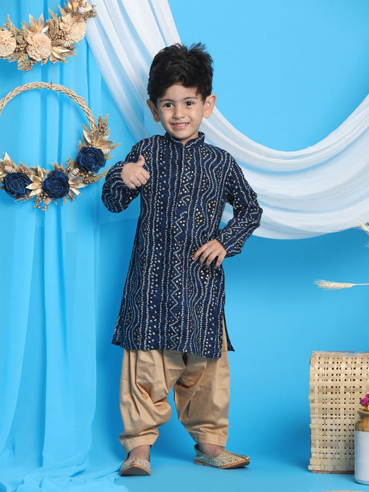 Boy's' Blue Bandhni Print Kurta And Rose Gold Patiala Set
