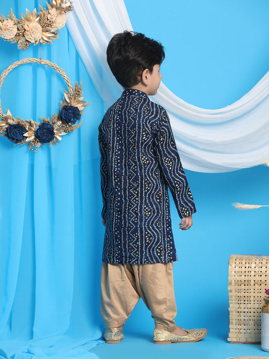 Boy's' Blue Bandhni Print Kurta And Rose Gold Patiala Set
