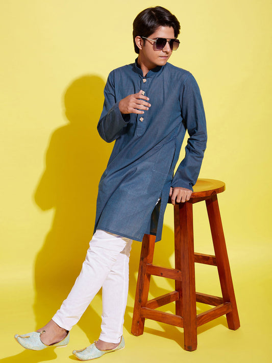 Boy's Blue Cotton Kurta And Pyjama Set