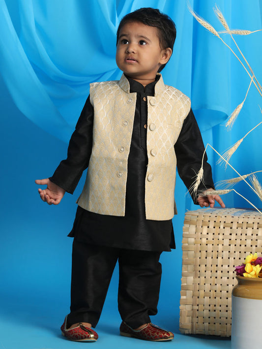 Boys' cream woven slim fit Nehru jacket and black kurta pyjama set