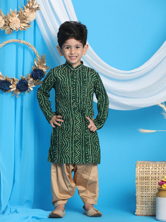 Boy's' Green Bandhni Print Kurta And Rose Gold Patiala Set