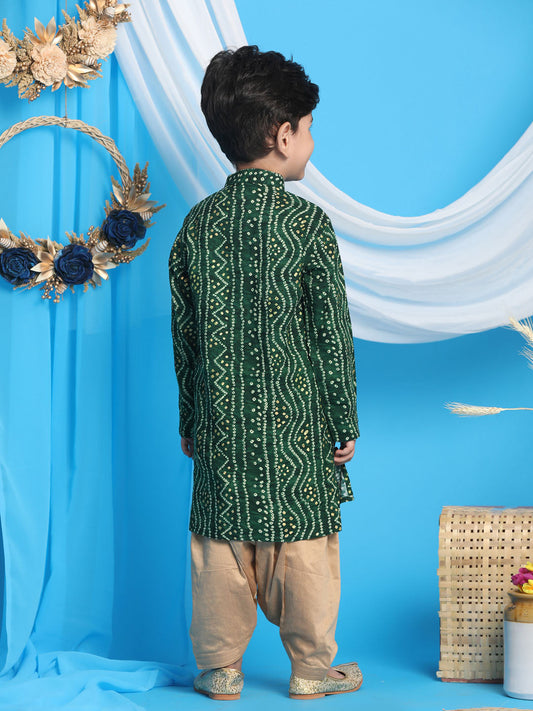 Boy's' Green Bandhni Print Kurta And Rose Gold Patiala Set