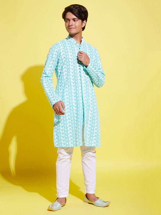 Boy's Green Chikankari Kurta With White Pyjama Set
