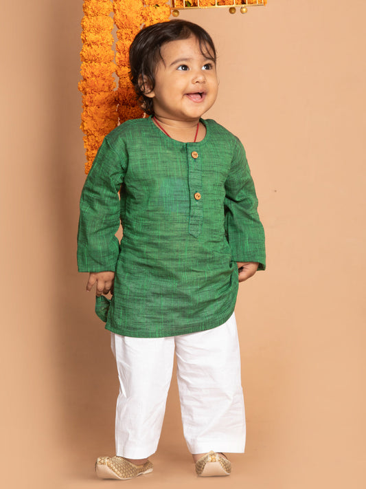 Boy's' Green Cotton Kurta And White Pyjama Set
