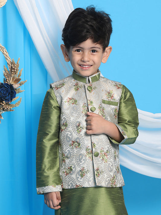 Boy's Grey & Green Printed Woven Nehru Jacket