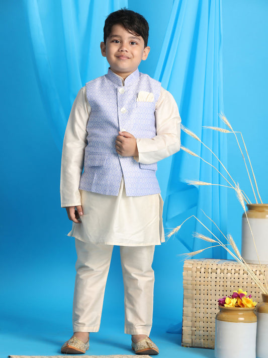 Boy's Lavender Woven Jacket With Cream Kurta And Pyjama Set