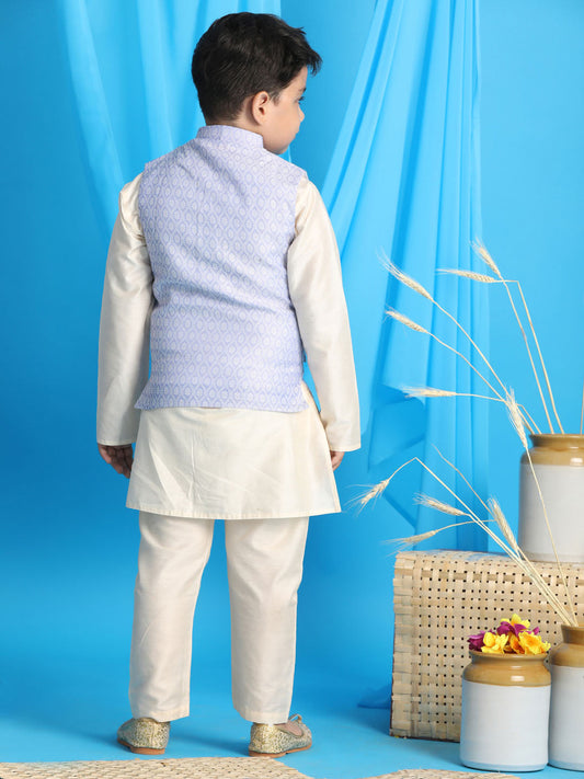 Boy's Lavender Woven Jacket With Cream Kurta And Pyjama Set