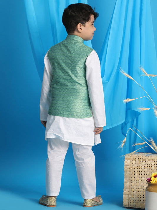 Boy's Light Green Woven Jacket With White Kurta And Pyjama Set