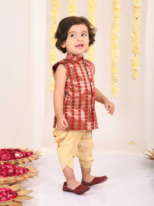 Boy's' Maroon Brocade Kurta Dhoti Set