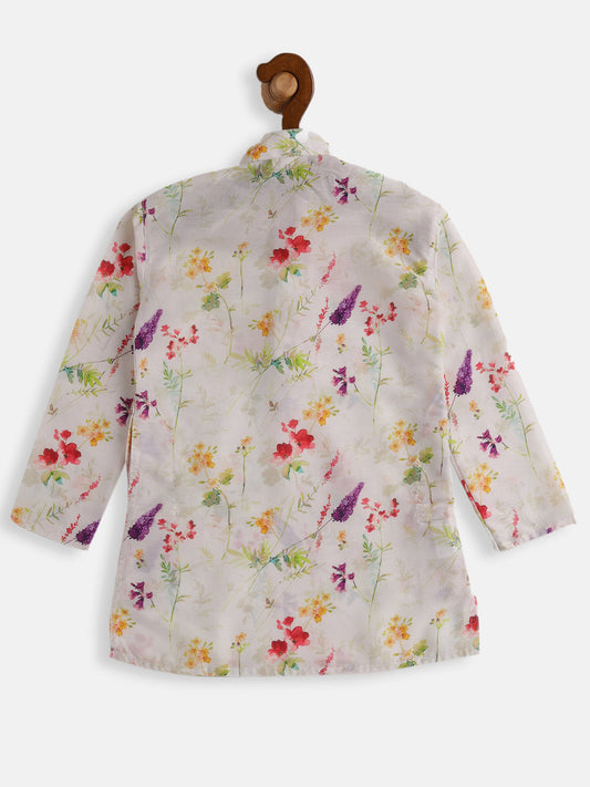 Boy's Multicolor-Base-Cream Cotton Blend Kurta