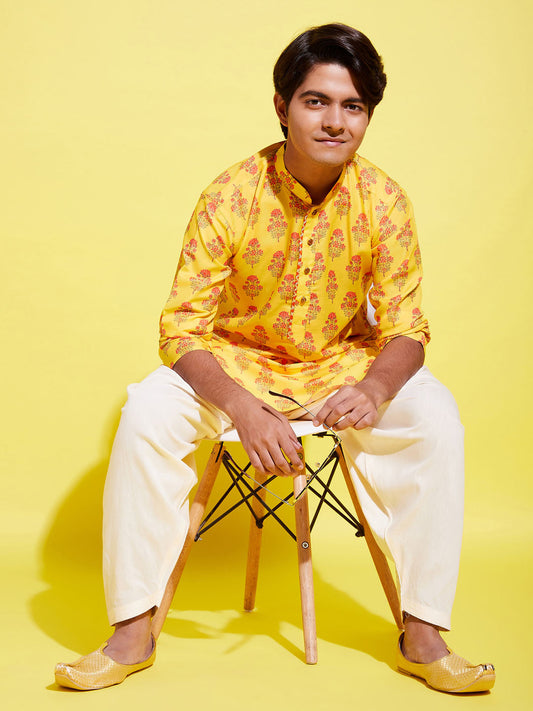 Boy's' Multicolor-Base-Mustard And Cream Kurta Patiala Set