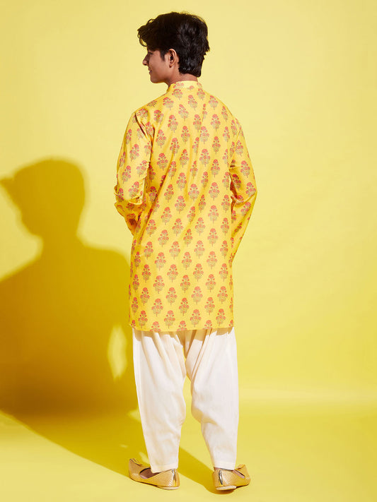 Boy's' Multicolor-Base-Mustard And Cream Kurta Patiala Set